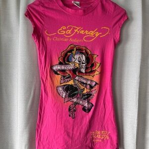 Ed Hardy Fuchsia Tee with Skull Graphic